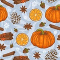 Seamless Christmas pattern with pumpkins, oranges, cinnamon and anise