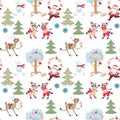 Seamless Christmas pattern with reindeer Rudolph, Santa Claus, cute raccoons and polar bears in fairy winter forest.
