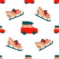 Seamless Christmas pattern of repeating elements - a red car carries a spruce on the roof and a holiday sleigh with Royalty Free Stock Photo