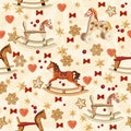 Seamless christmas pattern with rocking horse, christmas tree, candles, red bows, gingerbread, berries, golden bells in vintage st Royalty Free Stock Photo