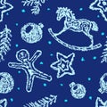 Seamless Christmas pattern with rocking horse and gingerbread cookie, ball.