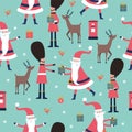 Seamless Christmas pattern with British solder, deer, postbox, birds on blue background. Vector illustration.