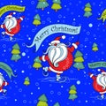 Seamless Christmas pattern. Santa Claus on skates. Cartoon. Christmas tree. Vector