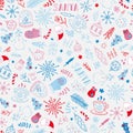 Seamless christmas pattern with Santa Claus, snow globe, candy cane, fir-tree, snoflakes, gift boxes, gloves etc. Royalty Free Stock Photo