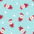 Seamless Christmas pattern with Santa Claus and stars on polka dot background.