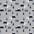Seamless christmas pattern in scandinavian nordic style. pattern with Christmas trees, mountains and snowfall. Royalty Free Stock Photo