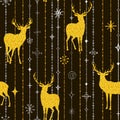 Seamless Christmas pattern with silhouettes of gold deers and sn