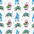 Seamless Christmas pattern small snowmen, gift boxes, decorated fir branch with bells, snowflakes, stars. Hand-drawn watercolor il Royalty Free Stock Photo