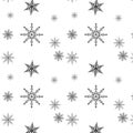 Snowflake simple seamless pattern. Black snow on white background. Abstract wallpaper, wrapping decoration. Symbol of