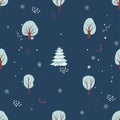 Seamless Christmas pattern with tree, snowflakes. winter forest landscape. hand drawing vector illustration. flat cartoon Royalty Free Stock Photo