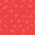 Seamless Christmas pattern with christmas tree, socks, gitf boxes, stars and tree balls. Red background with white icons