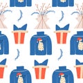 Seamless christmas pattern with ugly sweater with santa claus. Vector illustration in flat style for printing in typography Royalty Free Stock Photo