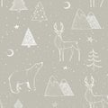 Seamless Christmas pattern with white bear, reindeer / deer, mountains, moon, spruce on beige background
