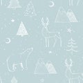 Seamless Christmas pattern with white bear, reindeer / deer, mountains, moon, spruce on blue background