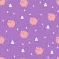 Seamless Christmas pattern with white pink piglets and forest trees on a bright purple square