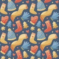 Seamless christmas pattern winter clothes, hat, scarf, gloves, mittens, heart