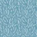 Seamless Christmas pattern with winter frost lace ornament white on blue. Beautiful vintage background for gift wrapping paper