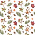Seamless Christmas pattern with Wooden star, holly berries, orange dry, spices, and pine branches. Watercolor