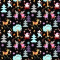 Seamless christmas print for fabric with deer Rudolph, Santa Claus, polar bear and cute raccoons.