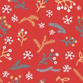 Seamless christmas red background with snowflakes, fir tree sprigs and red berries. Winter seamless pattern for happy new year and Royalty Free Stock Photo