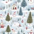 Seamless Christmas street concept, Scandinavian style white paper buildings with funny Santa Claus and snowmen. AI Generative