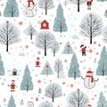 Seamless Christmas street concept, Scandinavian style white paper buildings with funny Santa Claus and snowmen. Generative AI