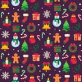 Seamless christmas symbols. Xmas green tree, gift toys or holidays sweets and traditional gingerbread man pattern vector