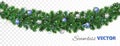 Vector Christmas decoration. Pine tree garland with blue and silver ornaments Royalty Free Stock Photo