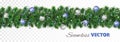 Vector Christmas decoration. Pine tree garland with blue and silver ornaments Royalty Free Stock Photo