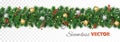 Vector Christmas decoration. Pine tree garland with ornaments Royalty Free Stock Photo