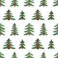 Seamless christmas tree pattern. Watercolor background with green christmas trees in cartoon style for textile, wrapping paper, Royalty Free Stock Photo