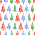 Seamless christmas tree pattern. Watercolor holidays background with cartoon green, red and blue christmas trees with dots texture Royalty Free Stock Photo