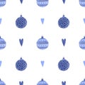 Seamless christmas tree toys pattern with hearts. Colored pencils blue and white background for wrapping and winter fabric
