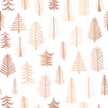 Seamless Christmas trees copper foil vector pattern backdrop. Metallic shiny rose golden doodle trees on white background. Elegant