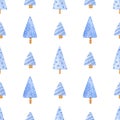 Seamless christmas trees pattern. Watercolor background with cartoon blue christmas trees with various textures for wrapping paper