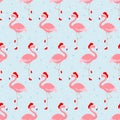 Seamless Christmas tropical flamingos birds with xmas Santa hat