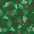 Seamless Christmas vector background with abstract leaves red, green, beige. Simple leaf texture, endless foliage pattern. Holiday Royalty Free Stock Photo