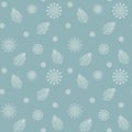 Seamless Christmas winter pattern with white pine branches snow flakes snowballs on blue background. Elegant botanical pattern