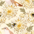 Seamless chrysanthemum and birds