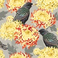 Seamless chrysanthemum and birds