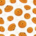 Seamless cinnamon bun pattern on white background. Cartoon vector background