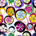 Seamless circle pattern background, with flowers, lines, paint strokes and splashes