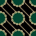 Seamless Circle Shaped Golden Chains on Black, Ready for Textile Prints.