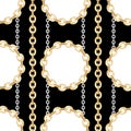 Seamless Circle Shaped Golden and Silver Chains on Black, Ready for Textile Prints.