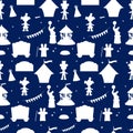 Seamless circus silhouette pattern on blue background. Circus with elements of carousel, tent, clown