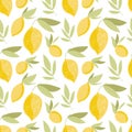 Seamless citrus fruit pattern lemons and leaves. Vector texture illustration. Flat yellow illustration Royalty Free Stock Photo