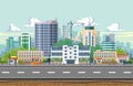 Seamless city landscape vector illustration. Summer city landscape in flat design. Modern city background with Skyscrapers, bus Royalty Free Stock Photo