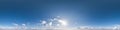 Seamless clear blue sky hdri panorama 360 degrees angle view with zenith and beautiful clouds for use in 3d graphics as sky Royalty Free Stock Photo