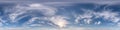 Seamless clear blue sky hdri panorama 360 degrees angle view with zenith and beautiful clouds for use in 3d graphics as sky dome Royalty Free Stock Photo