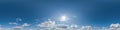 Seamless clear blue sky hdri panorama 360 degrees angle view with zenith and beautiful clouds for use in 3d graphics as sky Royalty Free Stock Photo